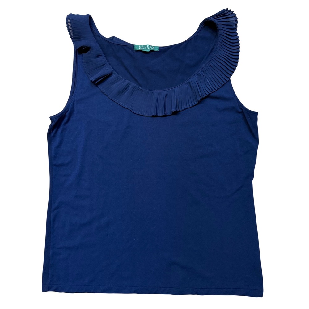 Lauren Ralph Lauren Navy Blue Sleeveless Ruffle Neck Tank Top Women's Size Large